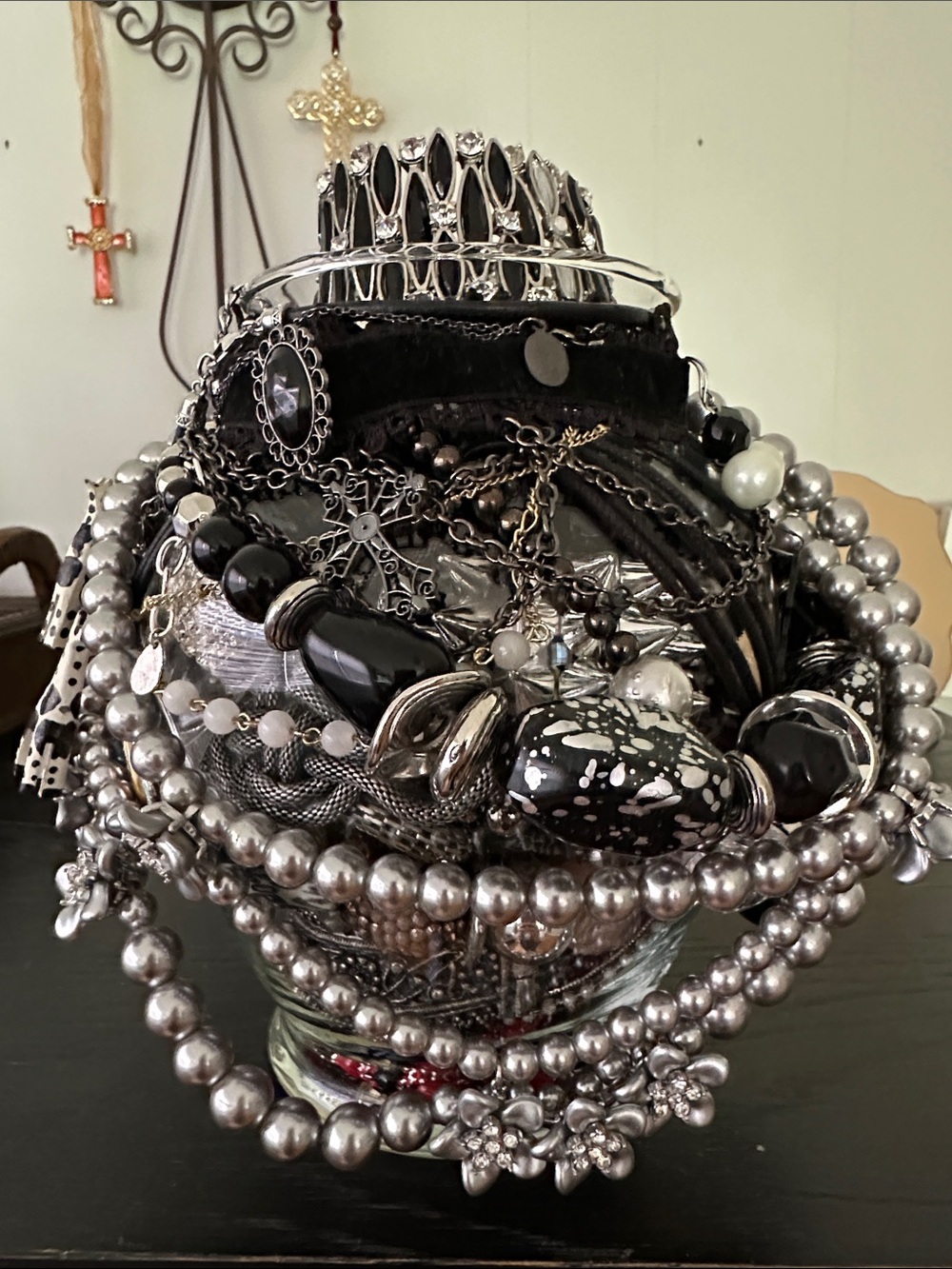 Beautiful Black And Silver Colored Mystery Jewelry Jar.